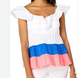 NWT Lilly Pulitzer Emie Ruffle Top Resort White Borealis Blue Lillys 16
